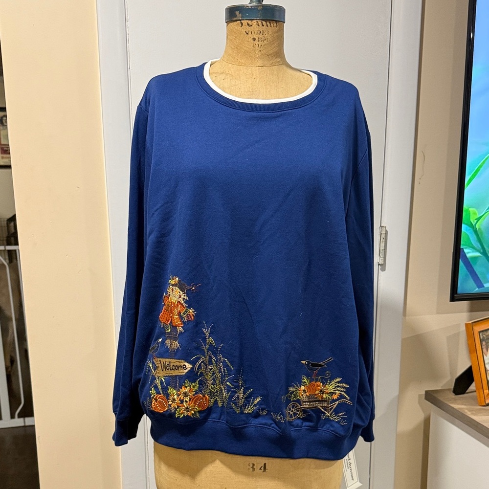 Alfred Dunner Blue Sweater with Embroidered Details